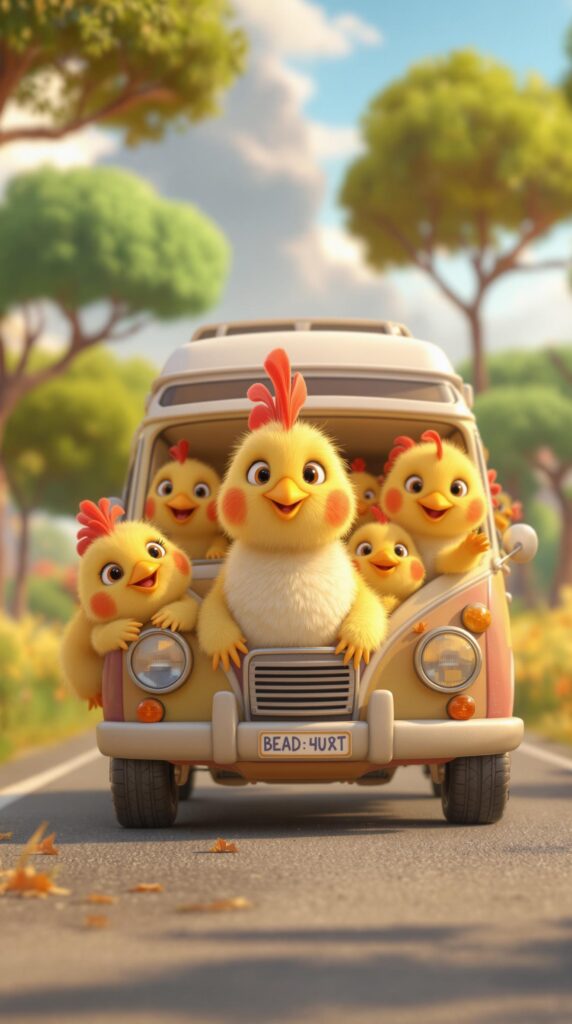 Cute baby chicks in a car in the countryside created by Artlist's AI video generator using Playful 3D style.